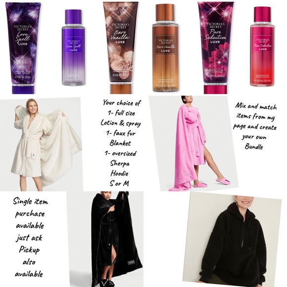 Vs Victoria secret bundle lotion & spray faux fur blanket varsity Sherpa hoodie